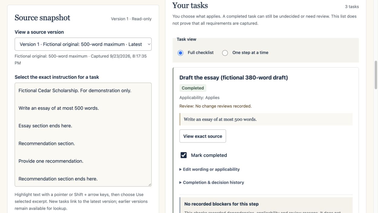 The fictional Cedar application in Origin Scholar, with source instructions beside completed tasks.